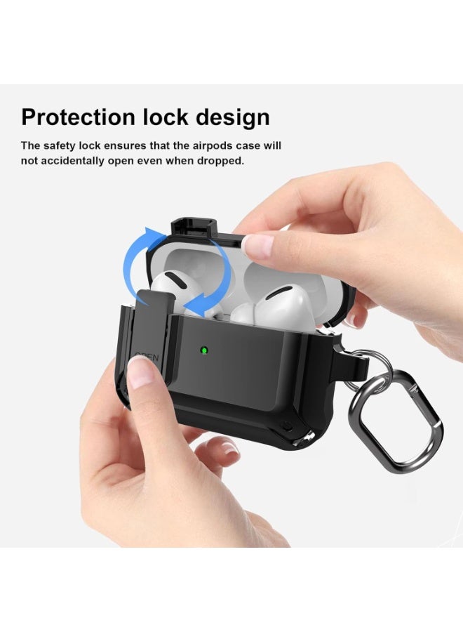جراب AirPods Pro مع سلسلة مفاتيح، قفل آمن، غطاء واقٍ متين مقاوم للصدمات والخدوش، بتصميم عسكري، مناسب لسماعات AirPods Pro 2019، مع مؤشر LED أمامي مرئي - (أسود) - Image 2
