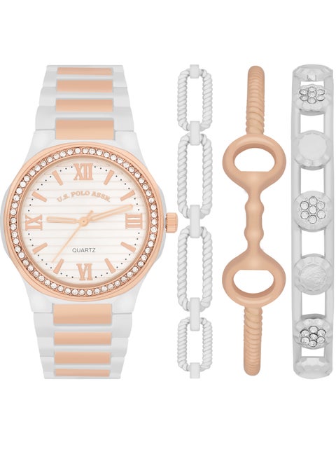 Women's Quartz Analog dual tone plated watch and bracelet set