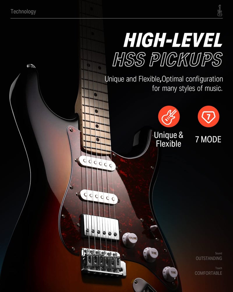 Donner Electric Guitar, DST-152S 39" Electric Guitar Kit HSS Pickup Coil Split, Guitar Starter Pack for Adult Beginners with Amp, Bag, Accessories, Sunburst - Image 4