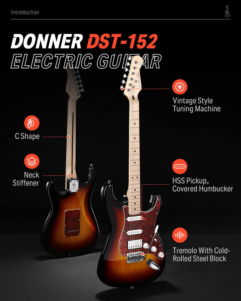 Donner Electric Guitar, DST-152S 39" Electric Guitar Kit HSS Pickup Coil Split, Guitar Starter Pack for Adult Beginners with Amp, Bag, Accessories, Sunburst - Image 2