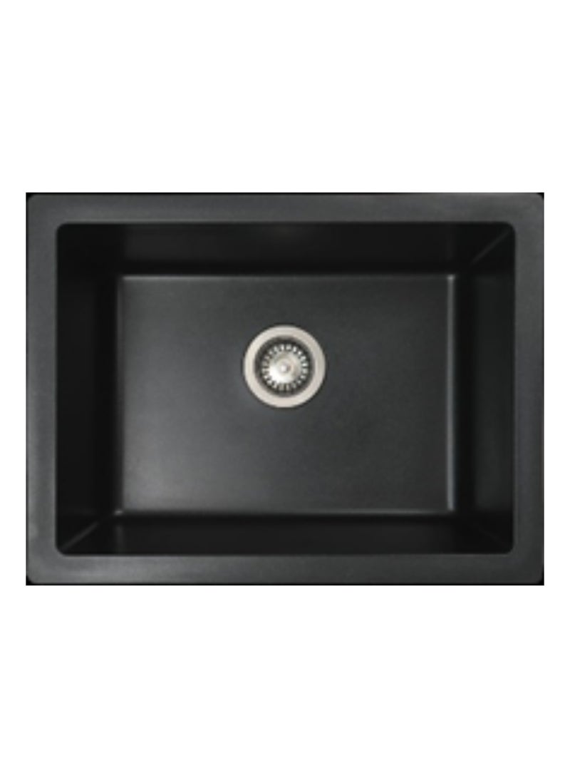 Granite Undermount Kitchen Sink - SZS0802022, Black Color, 80% Quartz 20% Acrylic Resin, Single Bowl, Basket Waste & Pipe Included, 600 × 450 × 220 mm Dimension