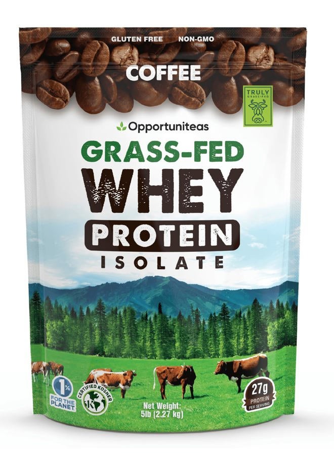 Opportuniteas Coffee Whey Protein Powder - Low Carb & Keto Friendly - Grass Fed Whey Isolate + Colombian Coffee - 60 mg Caffeine for Energy - Pre or Post Workout Drink Mix, Latte, Shake & Smoothie - 5 Pound - Image 1