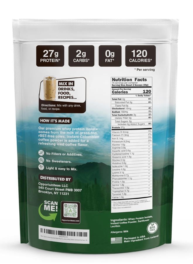 Opportuniteas Coffee Whey Protein Powder - Low Carb & Keto Friendly - Grass Fed Whey Isolate + Colombian Coffee - 60 mg Caffeine for Energy - Pre or Post Workout Drink Mix, Latte, Shake & Smoothie - 5 Pound - Image 2