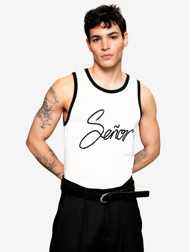 GIESTO Ribbed Crew Neck T-shirt with Text Print