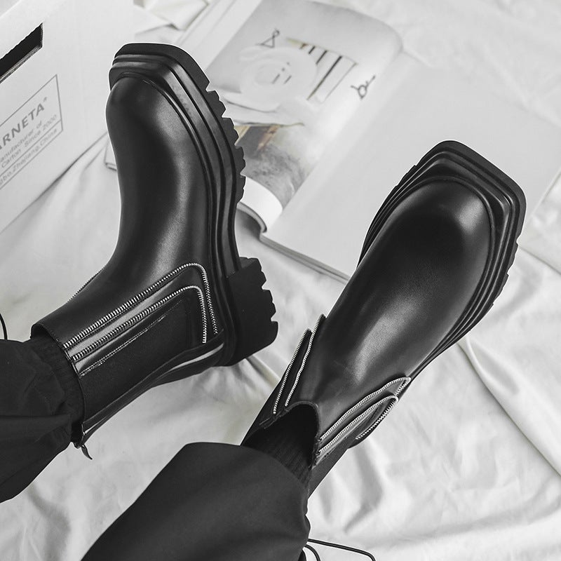 Square Head New Arrival All-Match Fashionable Back Zipper Design Thick Heel Thick Bottom Mark Style Black Genuine Leather Chelsea Mid Boots - Image 4