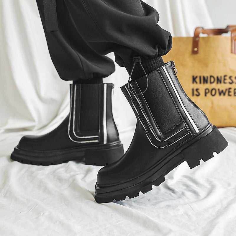 Square Head New Arrival All-Match Fashionable Back Zipper Design Thick Heel Thick Bottom Mark Style Black Genuine Leather Chelsea Mid Boots - Image 5