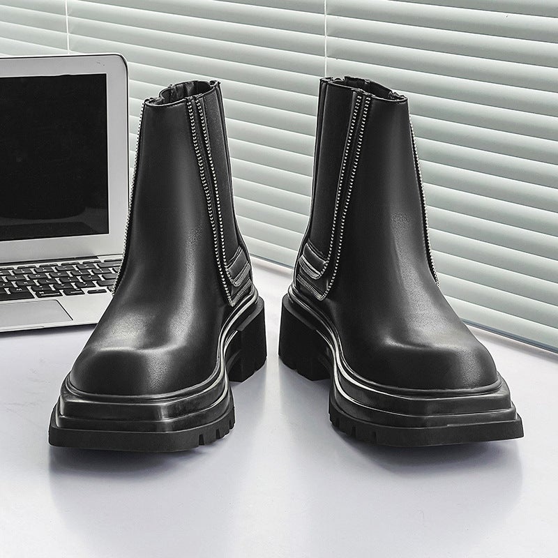 Square Head New Arrival All-Match Fashionable Back Zipper Design Thick Heel Thick Bottom Mark Style Black Genuine Leather Chelsea Mid Boots - Image 3