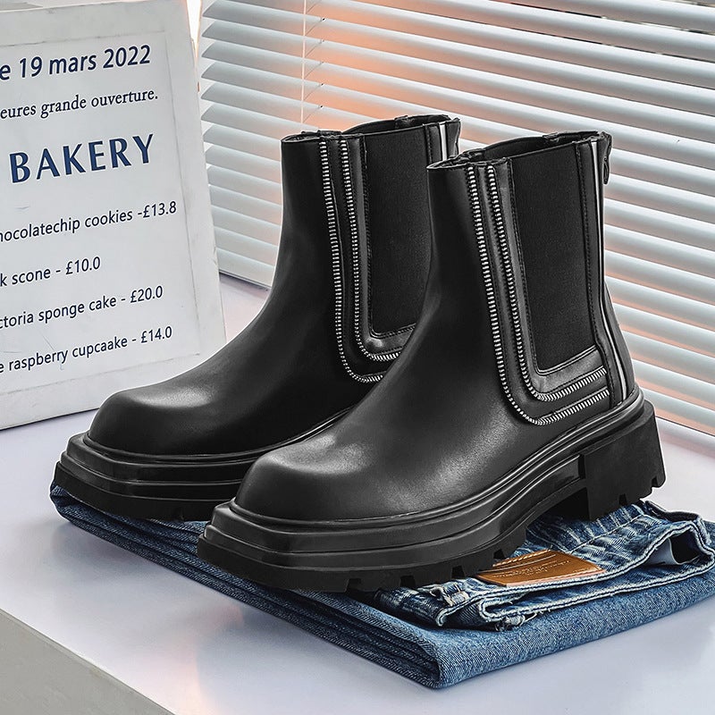 Square Head New Arrival All-Match Fashionable Back Zipper Design Thick Heel Thick Bottom Mark Style Black Genuine Leather Chelsea Mid Boots - Image 1