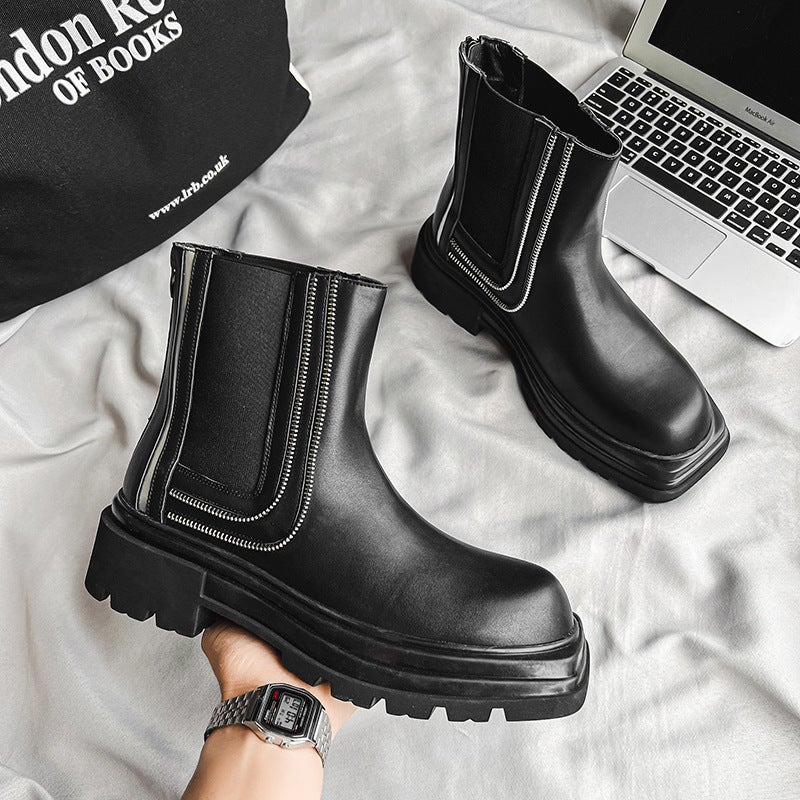 Square Head New Arrival All-Match Fashionable Back Zipper Design Thick Heel Thick Bottom Mark Style Black Genuine Leather Chelsea Mid Boots - Image 2