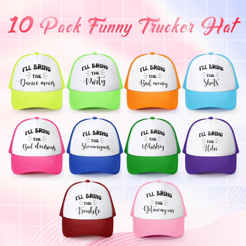 JaGely 10 Pack Funny Hat for Women Neon Group Baseball Cap Adjustable Bride Hat for Bachelorette Party Girl Trip Weekend(I'll Bring,Colorful) - Image 3