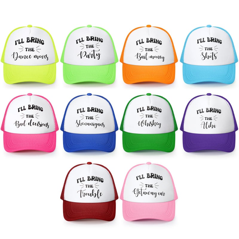 JaGely 10 Pack Funny Hat for Women Neon Group Baseball Cap Adjustable Bride Hat for Bachelorette Party Girl Trip Weekend(I'll Bring,Colorful) - Image 1