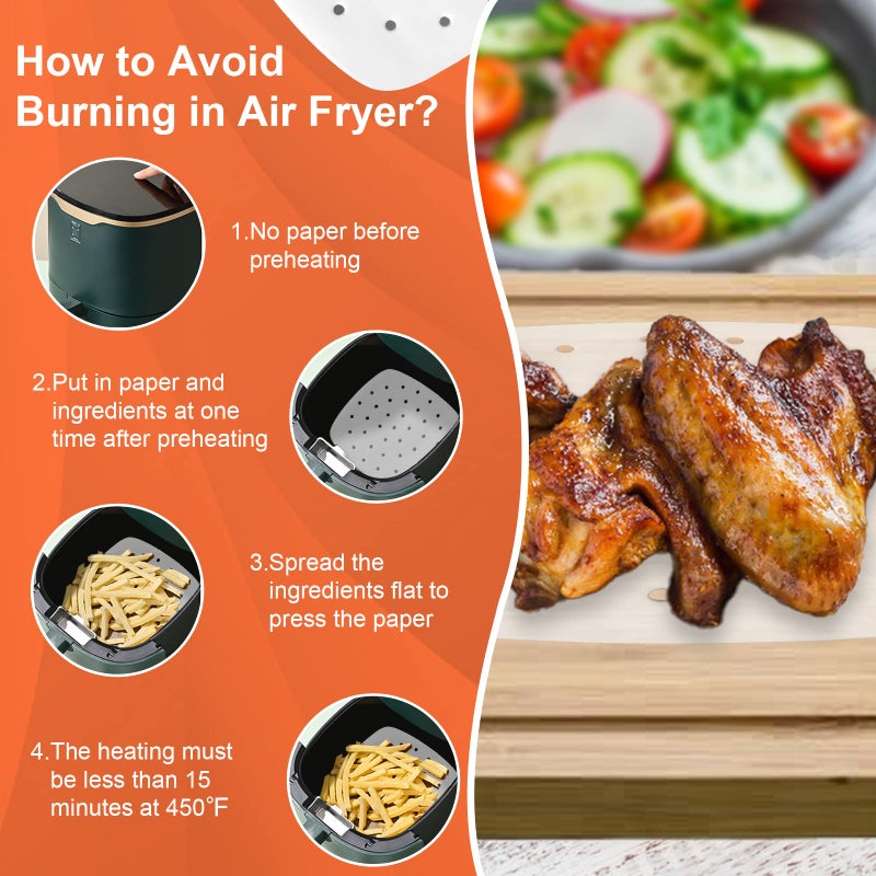 Numola 100 Pcs Air Fryer Parchment Paper Liners, 9 Inch Perforated Air Fryer Liners Disposable, Square Parchment Paper for Air Fryer, Non-Stick Steamer Liners for Oven, Microwave, Steaming Basket - Image 3