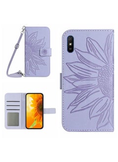 HuHa Case Cover For Xiaomi Redmi 9A / 9i Skin Feel Sun Flower Pattern Flip Leather Phone Case with Lanyard Purple 