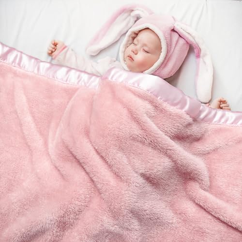 Pro Goleem Fleece Baby Blankets for Girls with 2 Inch Satin Trim, Super Soft Plush Receiving Blanket for Infant Toddler Newborn, Cozy 30x40 Inch Crib & Stroller Blanket (Pink) - Image 1