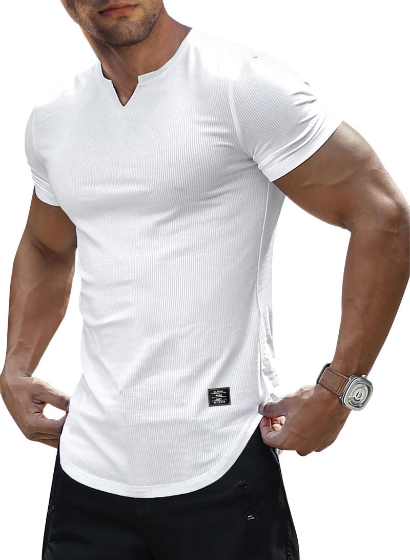 JMIERR Men's Muscle Slim Fit T-Shirt V Neck Hipster Longline White Henley Shirt Short Sleeve Gym Workout Athletic Fitted Tees Shirts for Men,US 43(L) - Image 1