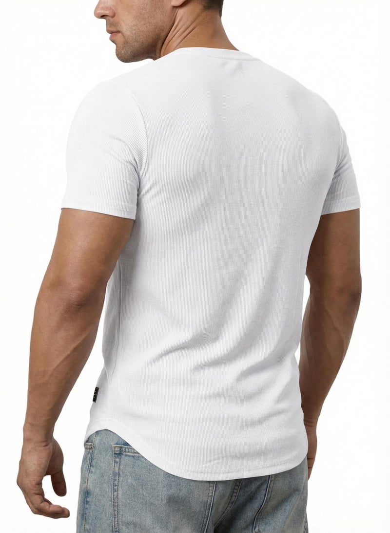 JMIERR Men's Muscle Slim Fit T-Shirt V Neck Hipster Longline White Henley Shirt Short Sleeve Gym Workout Athletic Fitted Tees Shirts for Men,US 43(L) - Image 2