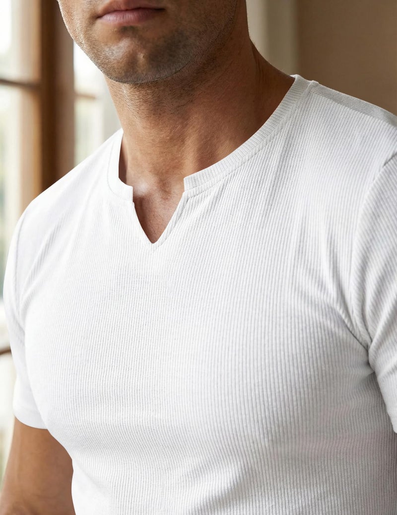 JMIERR Men's Muscle Slim Fit T-Shirt V Neck Hipster Longline White Henley Shirt Short Sleeve Gym Workout Athletic Fitted Tees Shirts for Men,US 43(L) - Image 4