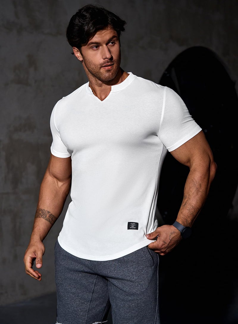 JMIERR Men's Muscle Slim Fit T-Shirt V Neck Hipster Longline White Henley Shirt Short Sleeve Gym Workout Athletic Fitted Tees Shirts for Men,US 43(L) - Image 3