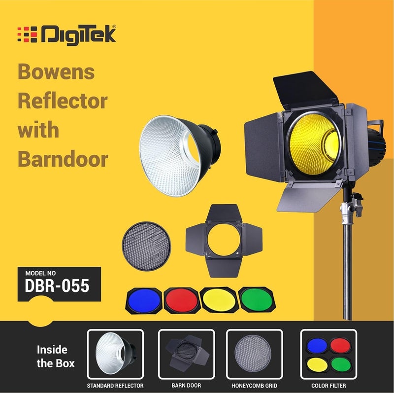 Digitek ® (DBR-055) 18cm Bowens Reflector with Barndoor Combo, Includes Honeycomb Grid & 4 Color Filters RED, Green, Yellow, Blue, Universal Design for AD600B, SL60W, MS200 & All Flash Speedlites - Image 2