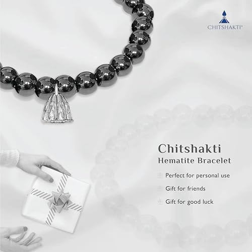 Chitshakti Natural Hematite Bracelet with Charm | 8mm Semi-Precious Stone Beads | Handmade Stretchable Unisex Crystal Jewelry. - Image 4