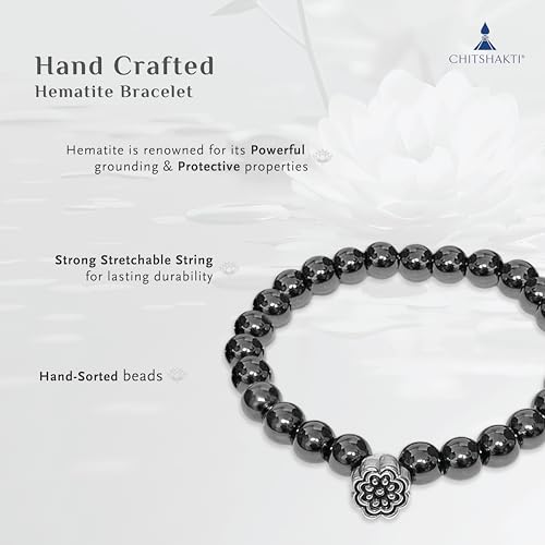 Chitshakti Natural Hematite Bracelet with Charm | 8mm Semi-Precious Stone Beads | Handmade Stretchable Unisex Crystal Jewelry. - Image 5