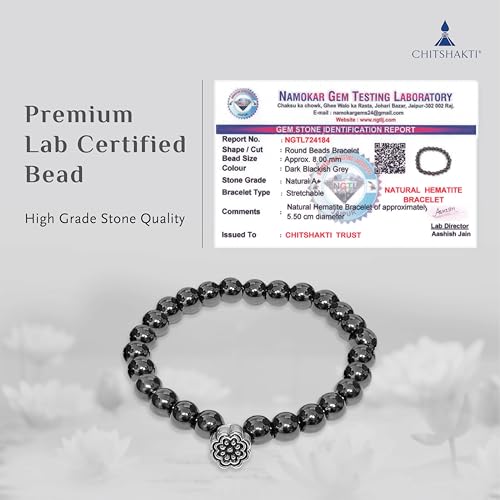 Chitshakti Natural Hematite Bracelet with Charm | 8mm Semi-Precious Stone Beads | Handmade Stretchable Unisex Crystal Jewelry. - Image 3