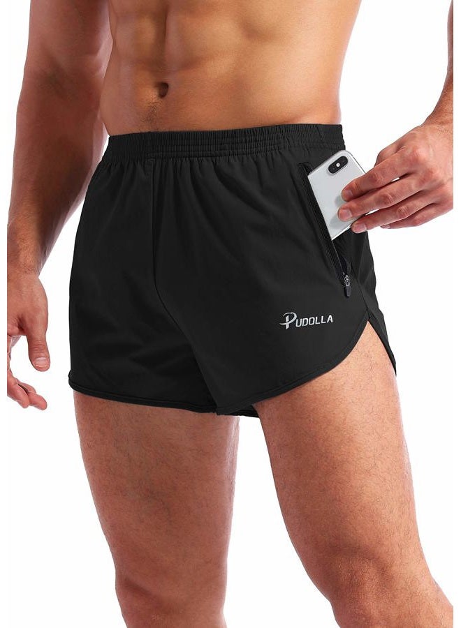 Pudolla Men's Running Shorts 3 Inch Quick Dry Gym Athletic Workout Shorts for Men with Zipper Pockets, Black, S - Image 1