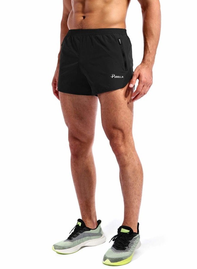 Pudolla Men's Running Shorts 3 Inch Quick Dry Gym Athletic Workout Shorts for Men with Zipper Pockets, Black, S - Image 2