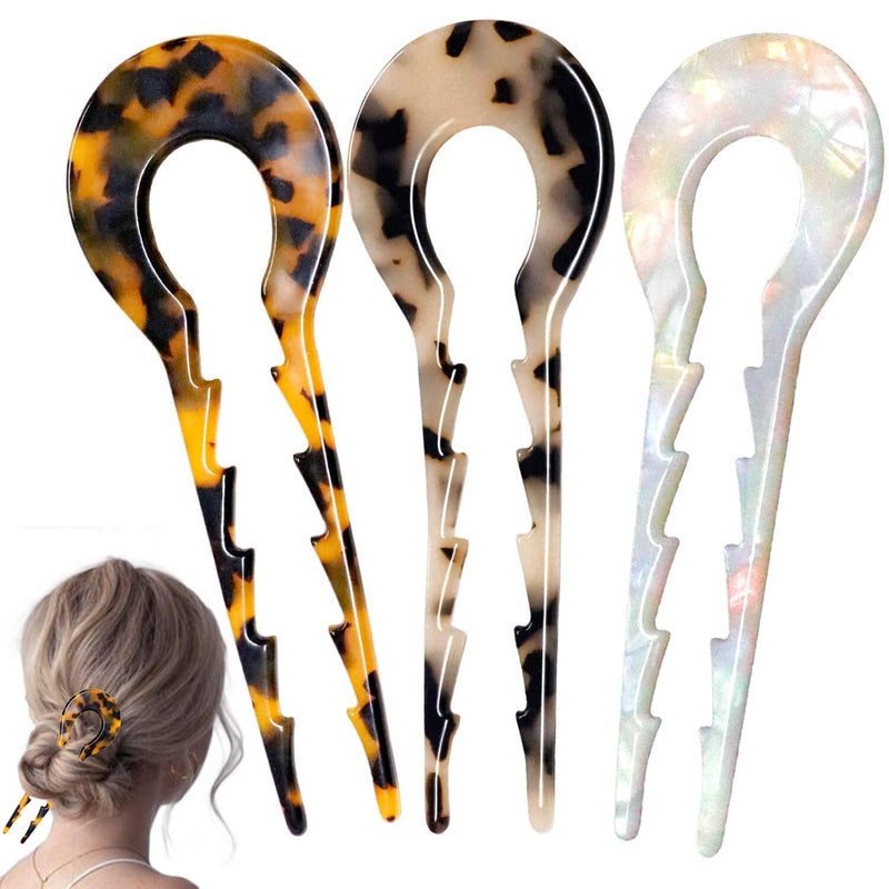 LAPOHI 53 Inch 3 PCS Large U Shaped French Hair Pins Acetate French Hair Sticks Forks for Vintage Hair Updos Buns Thick HairLeopard PrintedTortoise ShellLaser White
