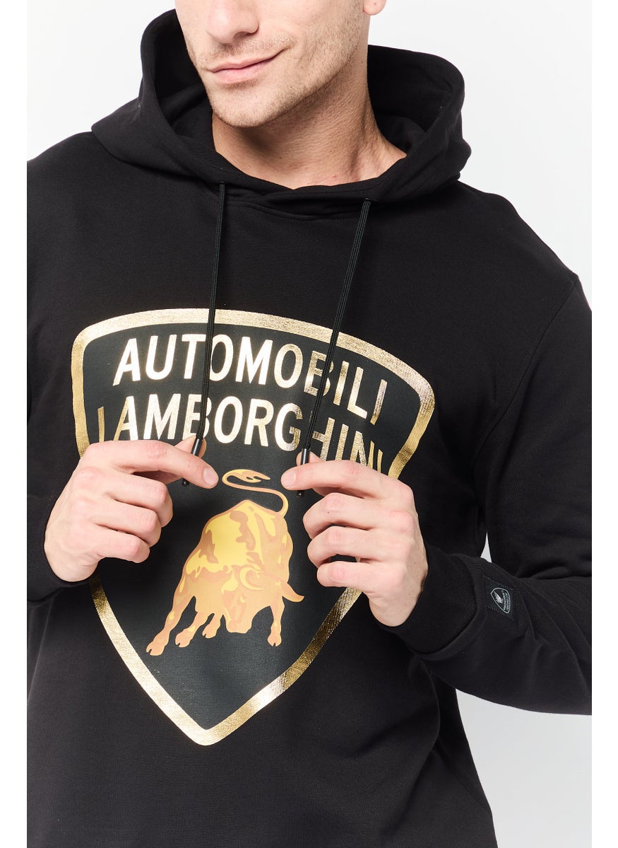 LAMBORGHINI Men Brand Logo Long Sleeves Hooded Sweatshirt, Black  - Image 3