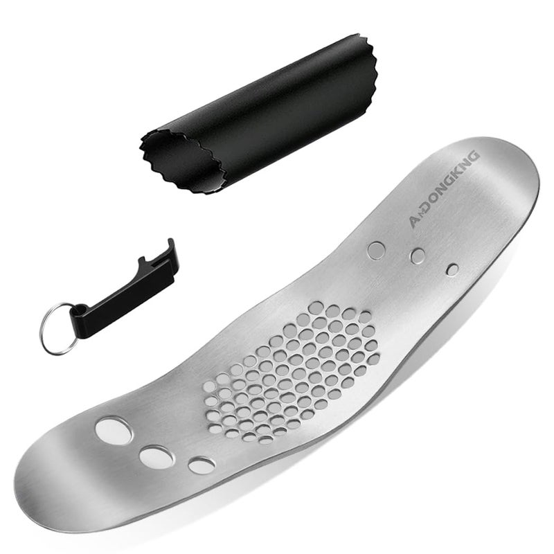 AmDONGKING Garlic Press Rocker  Leaf Herb Stripper with Silicone Roller Peeler and Bottle OpenerColor Random Stainless Steel Garlic Crusher Chopper Squeezer Slicer Mincer Press 