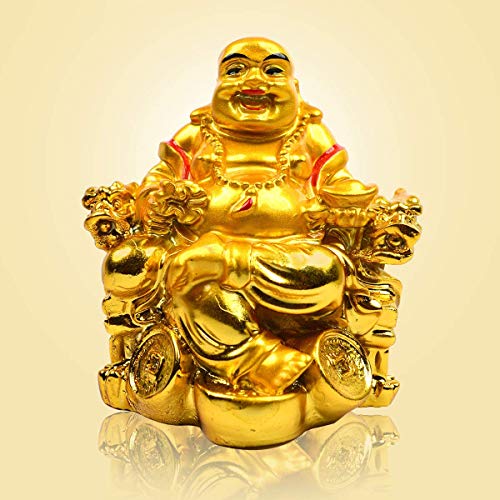 PICKARTME A Feng Shui Laughing Buddha Figurine | Happiness And Money Wealth Sitting Idol Decor For Pooja Ghar, Office & Home Temple (Gold), 7 cm, 6 cm - Image 4