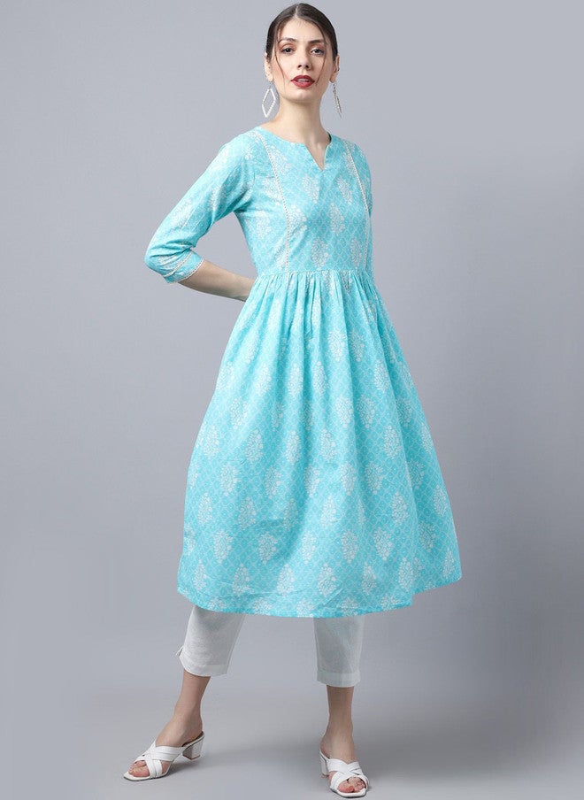 LARGISH Ethnic Motifs Printed Cotton Anarkali Kurta in Bright Blue - Image 1