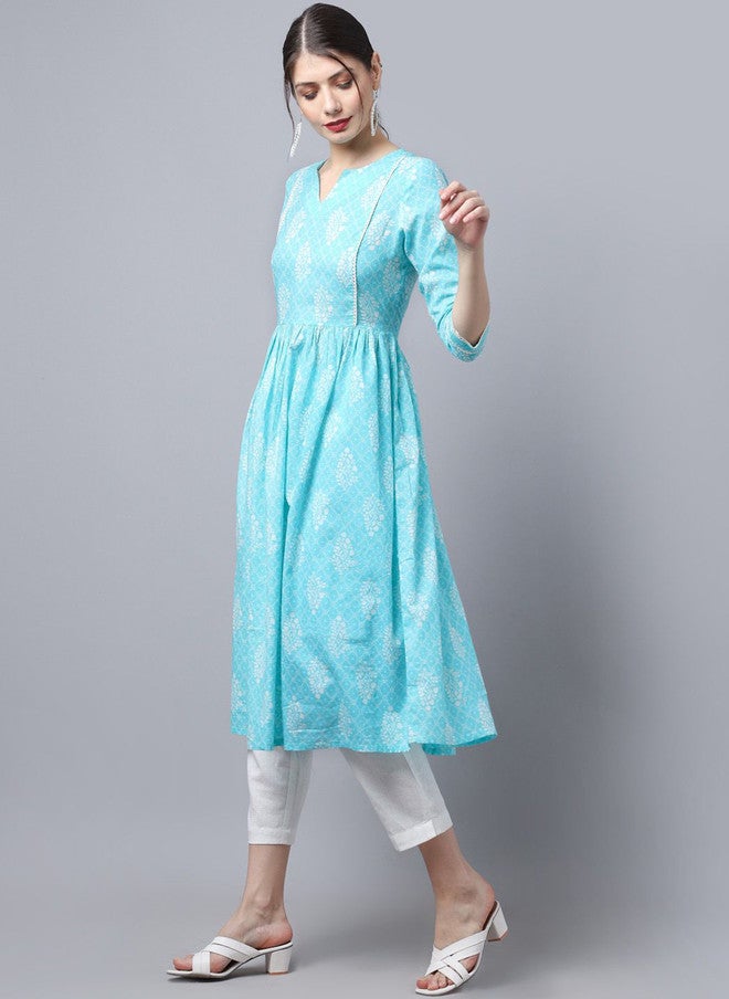 LARGISH Ethnic Motifs Printed Cotton Anarkali Kurta in Bright Blue - Image 3