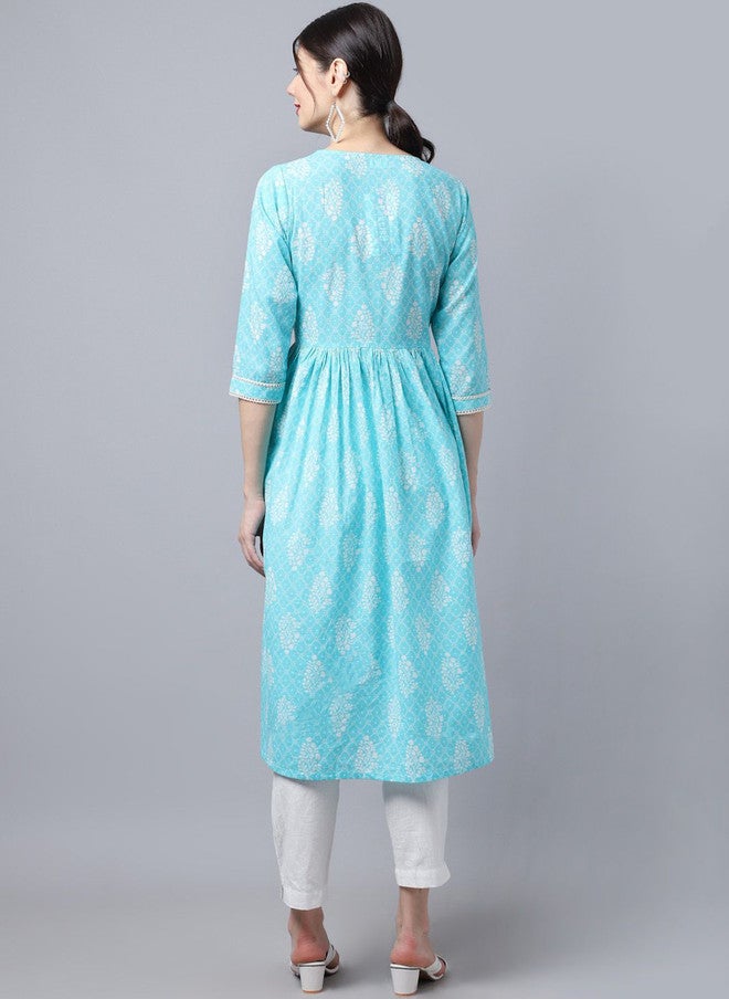 LARGISH Ethnic Motifs Printed Cotton Anarkali Kurta in Bright Blue - Image 4