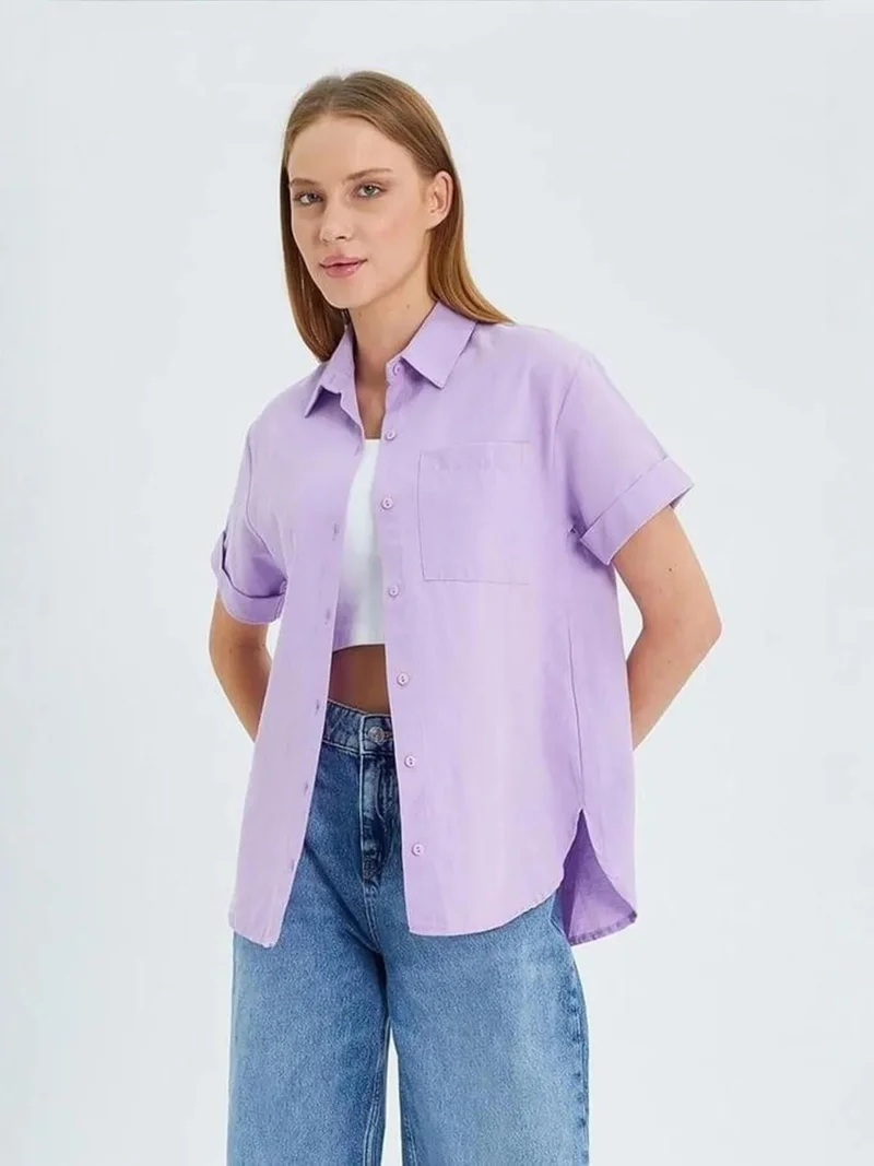 Mixray Lilac Purple MIXRAY Short Sleeve Shirt with Pockets for Women | Best Price UAE