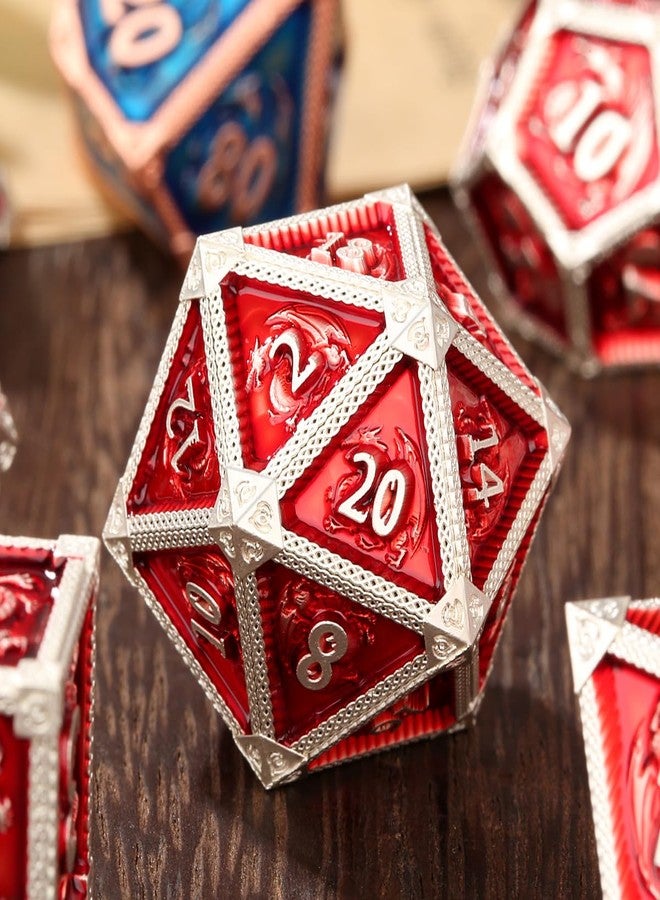 DND DADO Metal Dice Set, Dragon Pattern, 7pcs Polyhedral Metal DND Dice Set, DND Starter Set, D&D Gifts with Gift Box, Role Playing Board Games Accessories, Red - Image 3