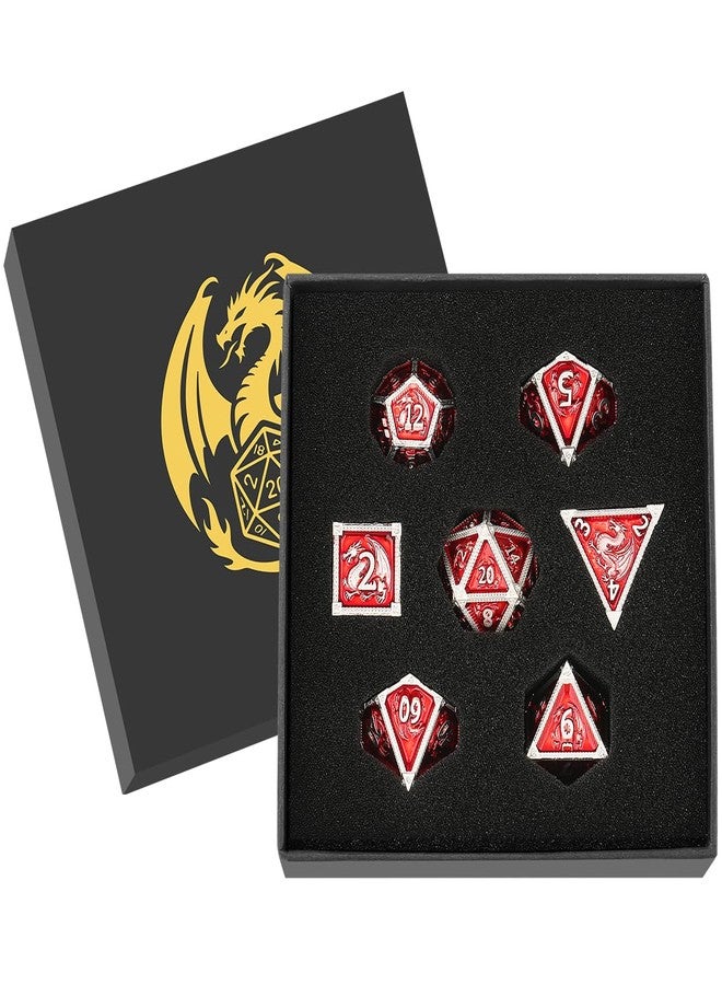 DND DADO Metal Dice Set, Dragon Pattern, 7pcs Polyhedral Metal DND Dice Set, DND Starter Set, D&D Gifts with Gift Box, Role Playing Board Games Accessories, Red - Image 1