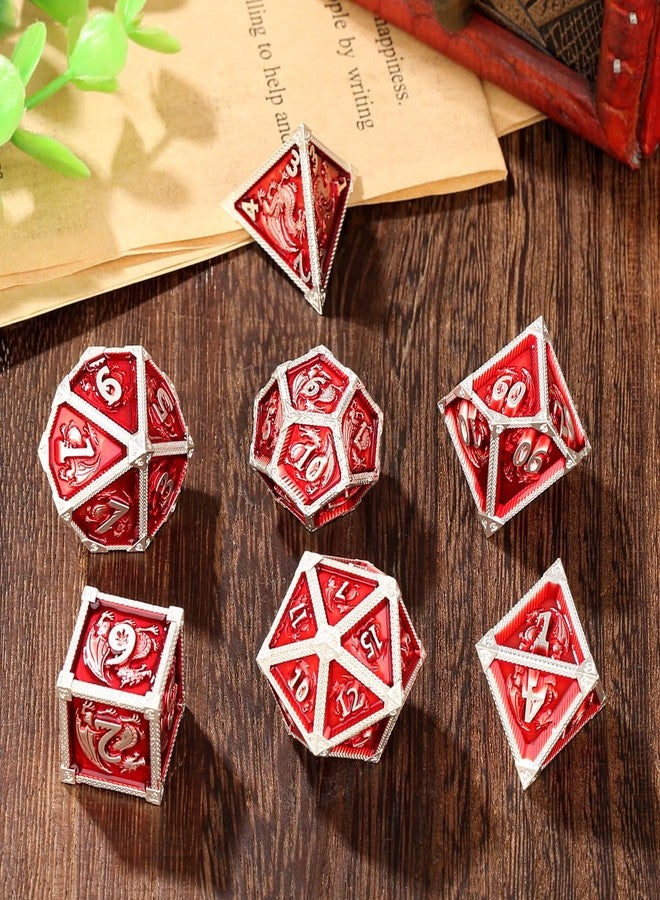 DND DADO Metal Dice Set, Dragon Pattern, 7pcs Polyhedral Metal DND Dice Set, DND Starter Set, D&D Gifts with Gift Box, Role Playing Board Games Accessories, Red - Image 2