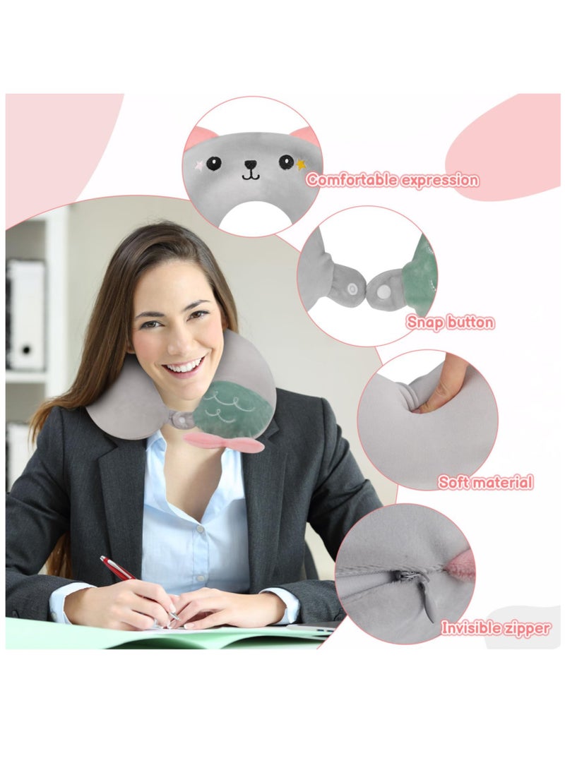 SOLARAE وسادة سفر للأطفال، دعم عنق حيوانات لطيف للأطفال وسادة من الذاكرة وسادة سفر على شكل U للسفر بالطائرة والقطار والسيارة والنوم والتخييم، رمادي - Image 2