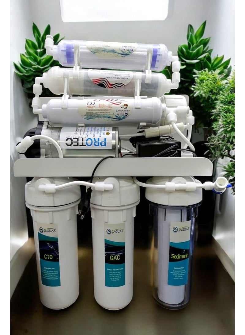 جاكوار فلتر 7 مراحل نقاء عالى جدا مياة معدنية + خزان 5 جالون + حنفية فلتر مذهبة + محبس ونطرة 1/2 + 5 متر خرطوم