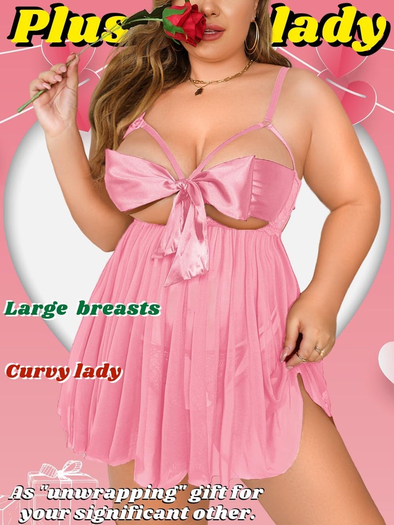 GirlFriend Women Babydoll Lingerie Plus Size Net Chemise Front Ribbon Halter Nightwear Teddy Nightgown Babydoll Lingerie Female Wedding Nightgown for Honeymoon and Anniversary Pink - Image 4
