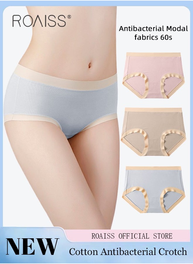 roaiss 3 Pack Set Women's 60S Modal Briefs Seamless High Stretch Breathable Hygiene Panties Soft Cotton Mid-waist Underwear Ladies Girl's Classic Underpants Multicolor  - Image 1
