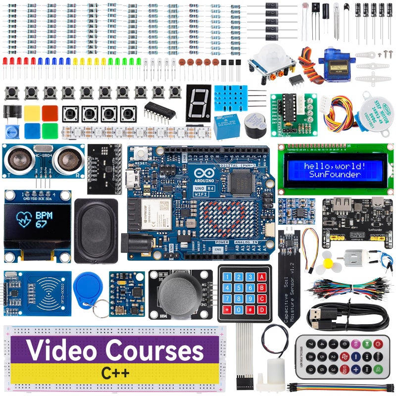 SunFounder Elite Explorer Kit with Original Arduino Uno R4 WiFi RoHS Compliant Bluetooth IoT ESP32 IIC LCD1602 OLED Super Starter Kit Online Tutorials Video Courses for Beginners Engineers