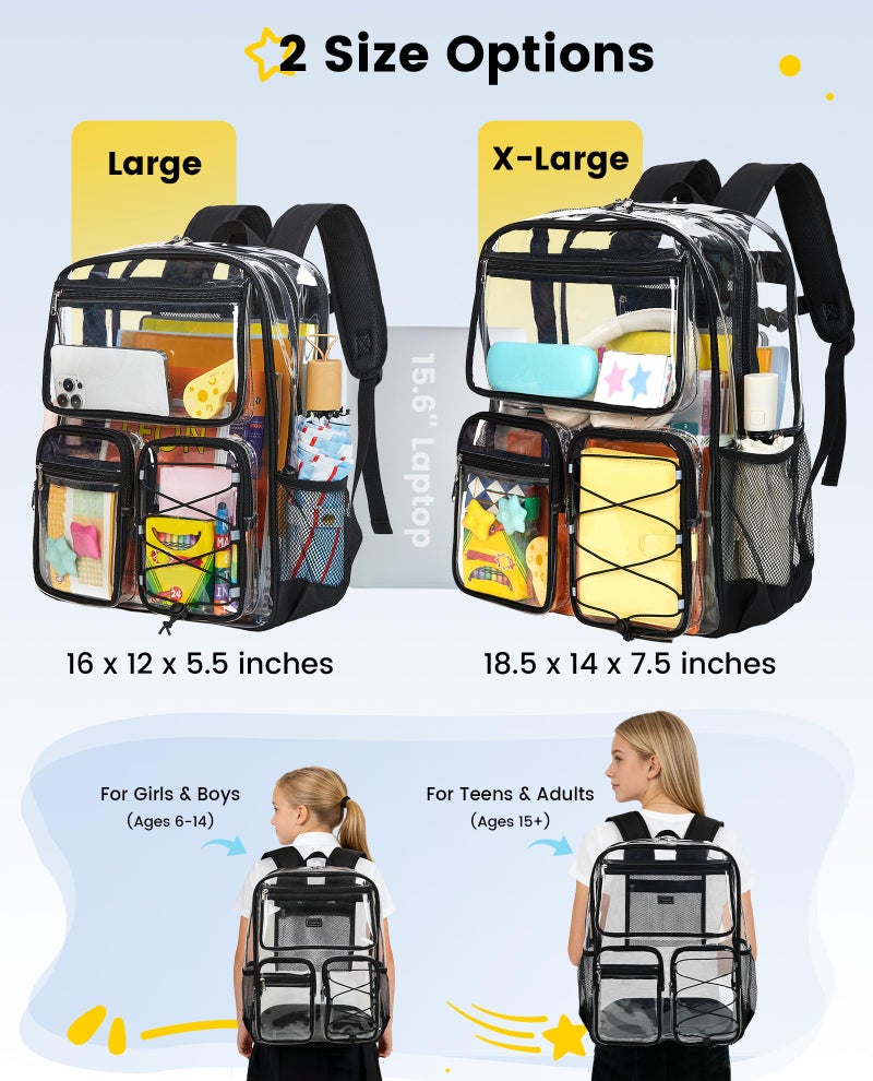 Vorspack Clear Backpack for School - Heavy Duty Clear Bookbag for Girls Boys Large Multi-Pocket See Through Backpacks for Teens, Travel, Work, Festival - Black - Image 2