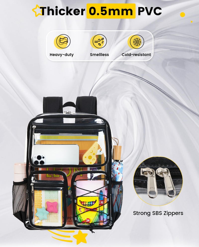 Vorspack Clear Backpack for School - Heavy Duty Clear Bookbag for Girls Boys Large Multi-Pocket See Through Backpacks for Teens, Travel, Work, Festival - Black - Image 5