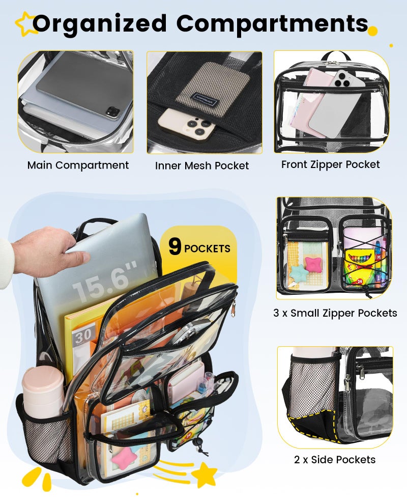 Vorspack Clear Backpack for School - Heavy Duty Clear Bookbag for Girls Boys Large Multi-Pocket See Through Backpacks for Teens, Travel, Work, Festival - Black - Image 3
