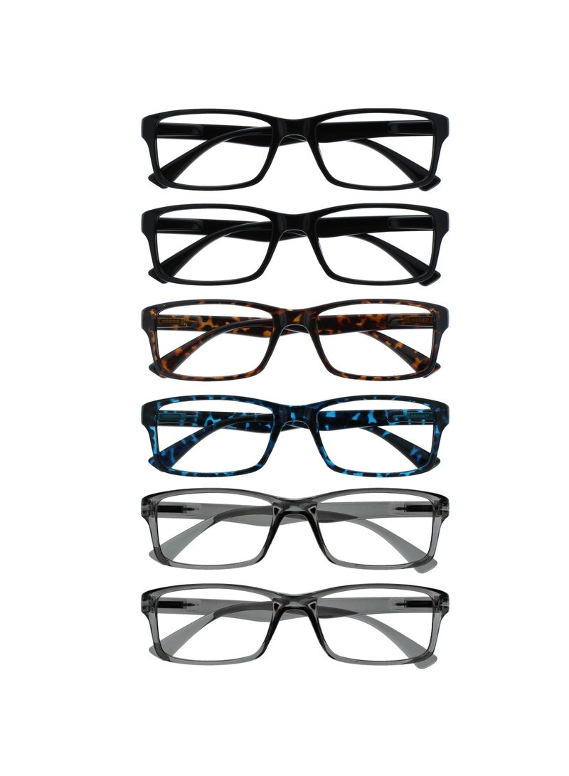 OPULIZE PEP Reading Glasses for Women Men - Value 6 Pack - Large Rectangular Designer Frame - Comfort Spring Hinges - Scratch Resistant - Black Brown Blue Tortoiseshell Grey +2.50 - Image 1