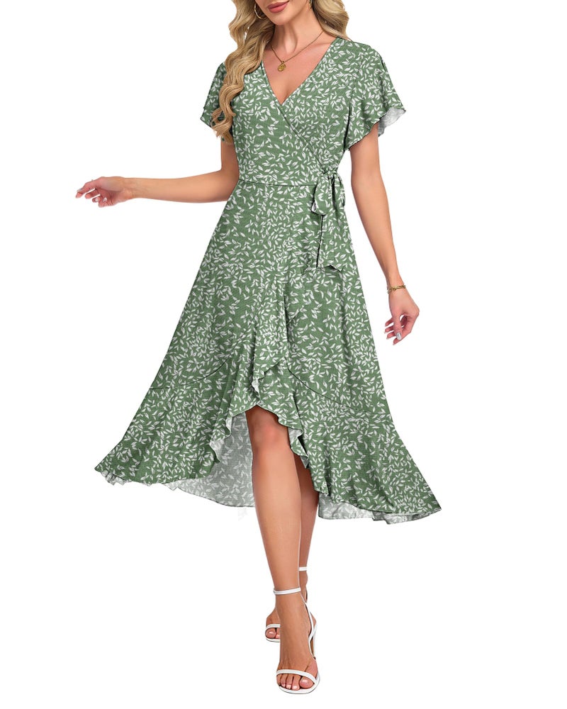 AUSELILY Women Summer Midi Dresses Wrap Short Flutter Sleeve V Neck Boho Slit Flowy Ruffle Dress Wedding Guest Dresses - Image 1