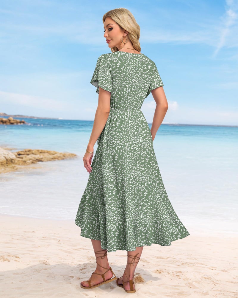 AUSELILY Women Summer Midi Dresses Wrap Short Flutter Sleeve V Neck Boho Slit Flowy Ruffle Dress Wedding Guest Dresses - Image 5